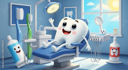 Animated tooth character in a dental chair waves in cartoon dental office.