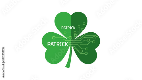 A vibrant green shamrock logo with integrated circuit patterns and the name 'PATRICK' subtly displayed, symbolizing a blend of nature and technology.