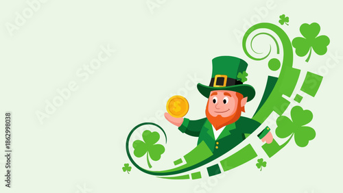 A cheerful leprechaun in a green suit and hat holds a gold coin, surrounded by shamrocks and decorative green swirls, celebrating St. Patrick's Day.