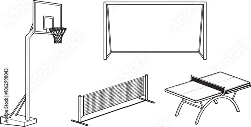 Sporting equipment, a basketball hoop, soccer goal, table tennis table, and tennis net.