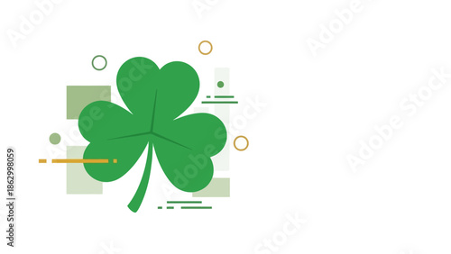 A vibrant green shamrock, a symbol of Ireland, is depicted with abstract geometric shapes and circles in a minimalist flat design.