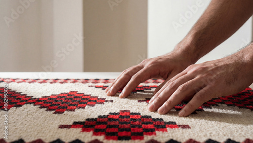 Hands touching woven textile with traditional geometric red pattern design

