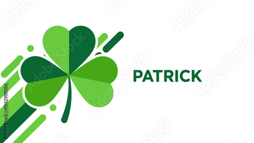 A vibrant green shamrock with radiating lines and the word "PATRICK" on a white background, symbolizing St. Patrick's Day.