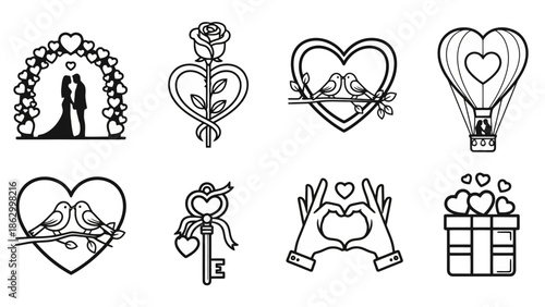 Collection of eight black and white line art icons representing love, romance, and celebrations, including wedding couple, rose heart, lovebirds, hot air balloon, key, and gift box.