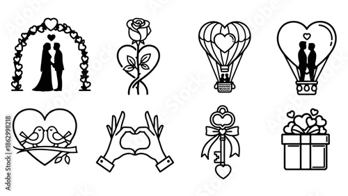 Collection of eight romantic and love-themed vector illustrations, including wedding arch, rose, hot air balloon, couple in heart, lovebirds, hand heart, key, and gift box.