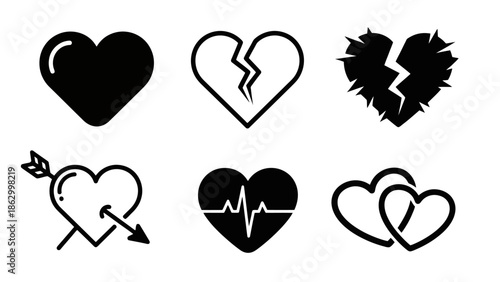 A collection of six distinct heart icons, each representing a different aspect of love and emotion, from a simple solid heart to a broken heart pierced by an arrow.