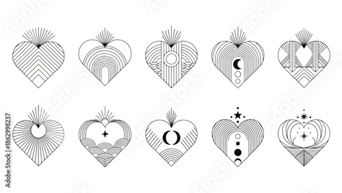 Collection of ten stylized heart shapes with intricate geometric and celestial line art designs, presented in a top-down grid layout.
