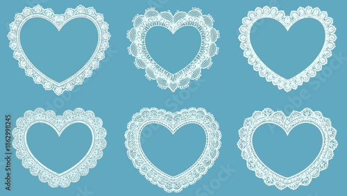 Six delicate white lace heart-shaped frames with intricate floral patterns on a solid blue background.