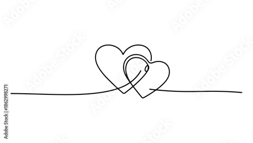A minimalist continuous line drawing of two intertwined hearts, symbolizing love and connection, set against a clean white background.