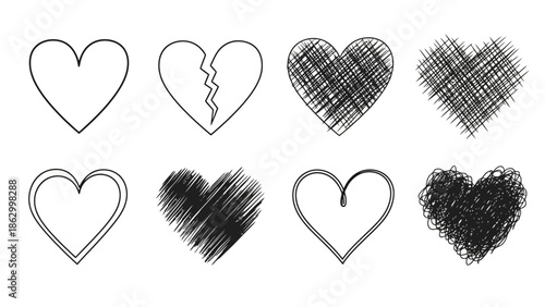 A collection of eight different heart illustrations, including a broken heart, a double-lined heart, and various sketched and scribbled designs.