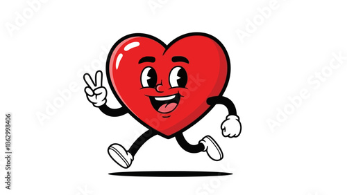 A cartoon red heart character with eyes, a mouth, and arms and legs, happily running and giving a peace sign.