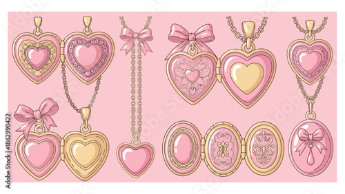 Collection of ornate heart-shaped lockets and pendants adorned with bows and intricate details, presented on a soft pink background.