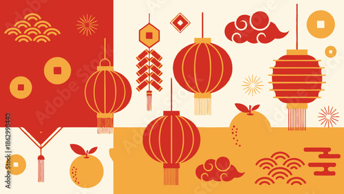 Vibrant abstract Chinese New Year background featuring traditional lanterns, firecrackers, oranges, and cloud patterns in red and orange colors.