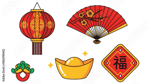 Collection of traditional Chinese New Year elements including a lantern, folding fan, gold ingots, and "Fu" character, isolated on a white background.