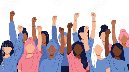A diverse group of women raising their fists in solidarity and protest, symbolizing empowerment and collective action.