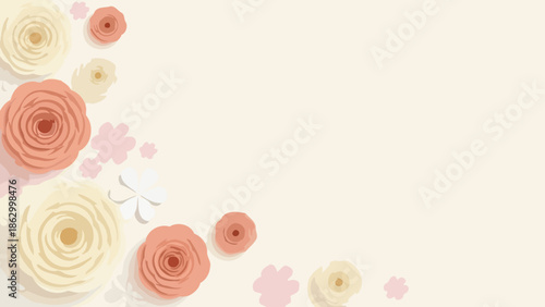 A delicate corner arrangement of paper flowers in soft peach and cream hues on a pale yellow background.