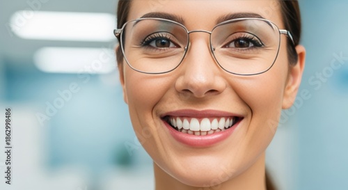 Young woman in glasses smiling with perfect teeth, indoors in a blurred setting, as a dentist or optician.