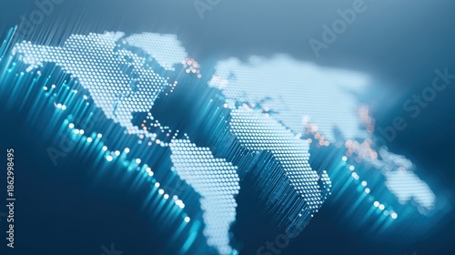 A digital world map with a futuristic design and vibrant data visualization.