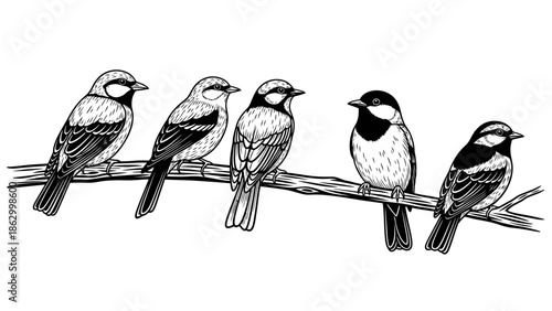 Detailed Line Art of Multiple Small Birds Perched on a Branch, Sketch Drawing of Group of Songbirds Isolated White Background