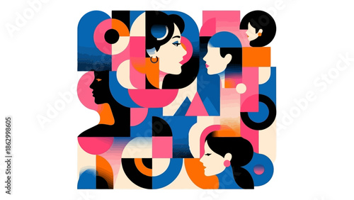 Abstract geometric composition featuring stylized female profiles and colorful shapes, representing diversity and connection.