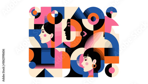 Abstract geometric illustration featuring diverse female profiles against a backdrop of colorful shapes and patterns.