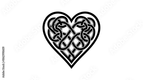 Bold Celtic Knot Design in Heart Shape with Thick Outline Isolated White Background, Traditional Irish Symbol of Strong Love