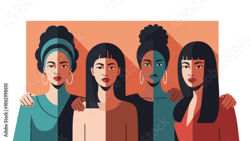 Four diverse women with split-colored faces, symbolizing unity and diversity, stand together with arms around each other.