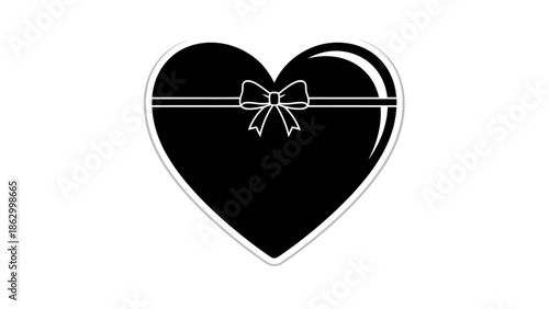 Black Heart Shaped Gift Box with Elegant White Ribbon and Bow Isolated White Background, Romantic Present