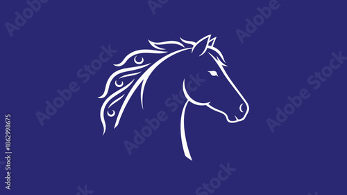 Elegant White Horse Head Outline in Profile View on Dark Blue Background, Stylized Equestrian Animal Graphic