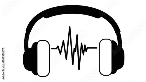 Black headphones with sound wave illustration, isolated on white background, music listening concept.