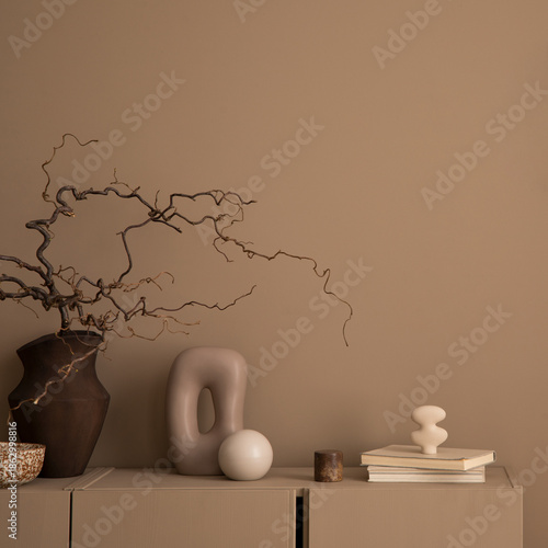 Interior design of living room interior with copy space, mock up poster frame, brown wall, glass vase with branch, sculpture, stylish sideboard and personal accessories. Home decor. Template.