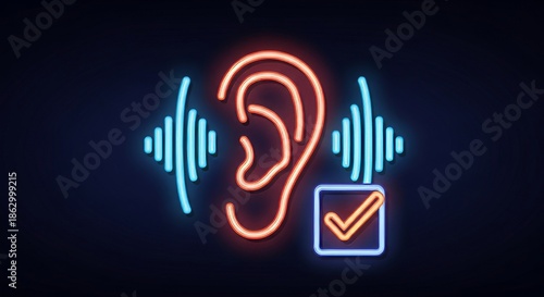 Neon ear with sound waves and checkmark on a dark blue background.
