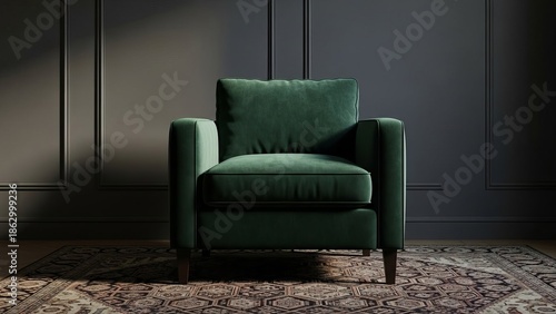 Luxurious emerald green velvet armchair on antique rug in dimly lit room