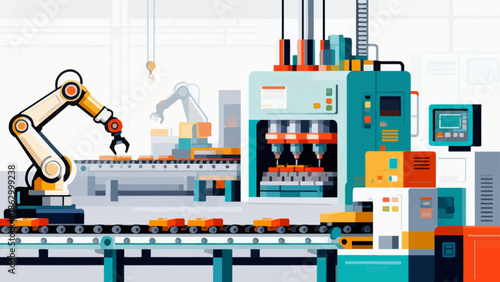 Industrial factory assembly line with robots