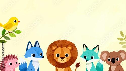 Cute cartoon animals on yellow background