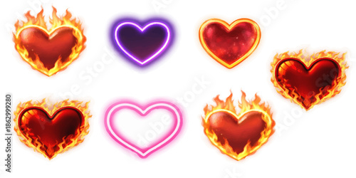A set of shiny red and pink vector hearts, fire flames, and passion symbols for a romantic Valentine's Day illustration design