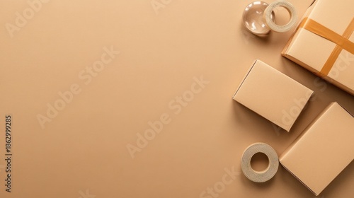 Beige cardboard boxes and gift wrap