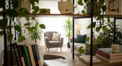 Cozy living room interior with plants and furniture, inviting and tranquil.