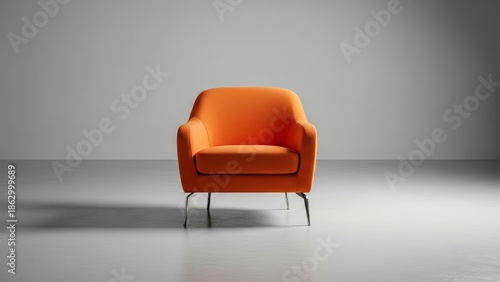 Modern orange armchair with sleek metal legs on a minimalist concrete floor and gray wall