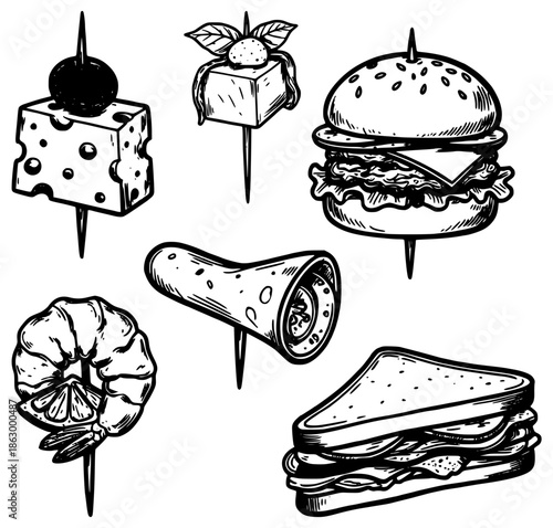 Party canapes and finger food illustration set