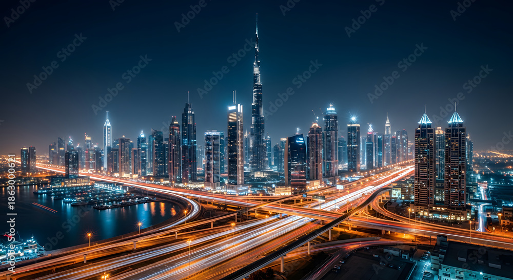 Fototapeta premium Dubai Cityscape at Night Burj Khalifa, Modern Skyscrapers, and H