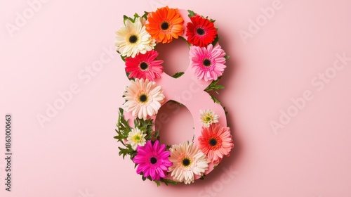 A vibrant number eight made of colorful flowers on a pink background.