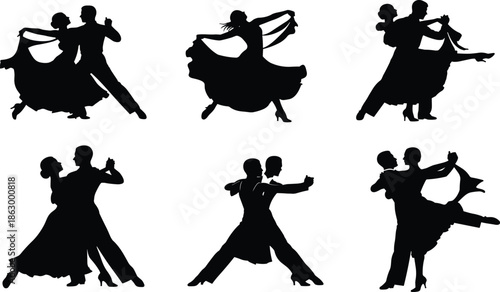 Ballroom dancing couple silhouettes performing elegant tango and waltz movements, classic romantic dance illustration collection set for posters