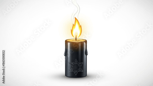 Black burning candle with Star of David symbol on white background.