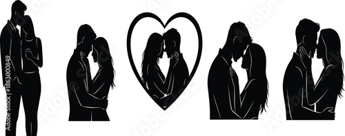 Collection of romantic couple silhouettes showing love, intimacy and kissing moments with heart symbol, elegant relationship illustration set