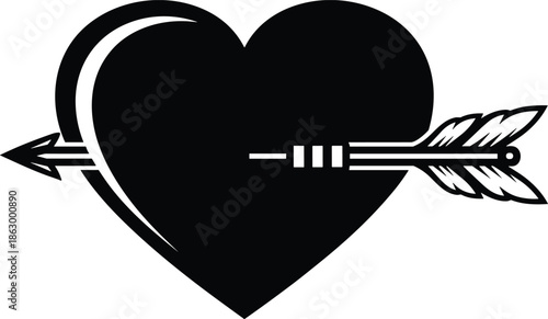 Heart pierced by arrow silhouette symbolizing love passion and romance, minimalist valentines day vector illustration icon design element