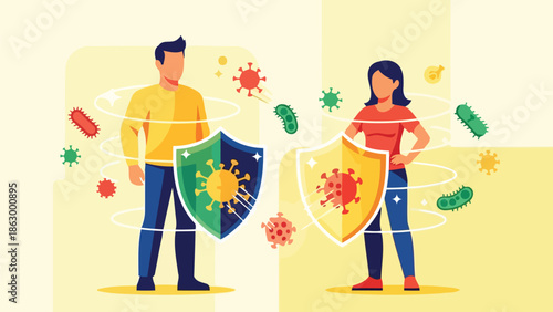 People holding shields protecting against virus and bacteria illustration