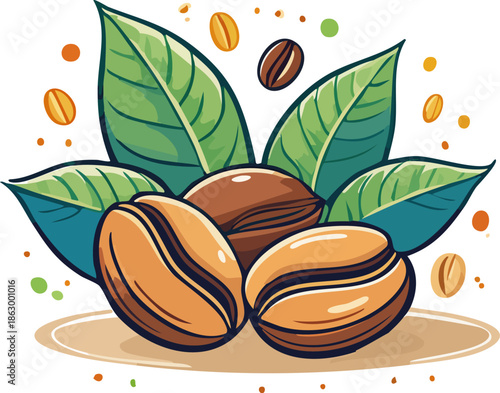 Fresh coffee beans with green leaves, depicting the natural origin of coffee, on an isolated white background.