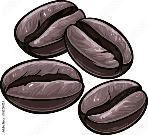 Group of four dark roasted coffee beans on an isolated white background, ready for brewing.