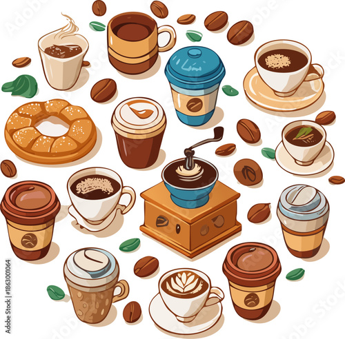 A delightful assortment of coffee cups, roasted beans, and sweet donuts, on an isolated white background.